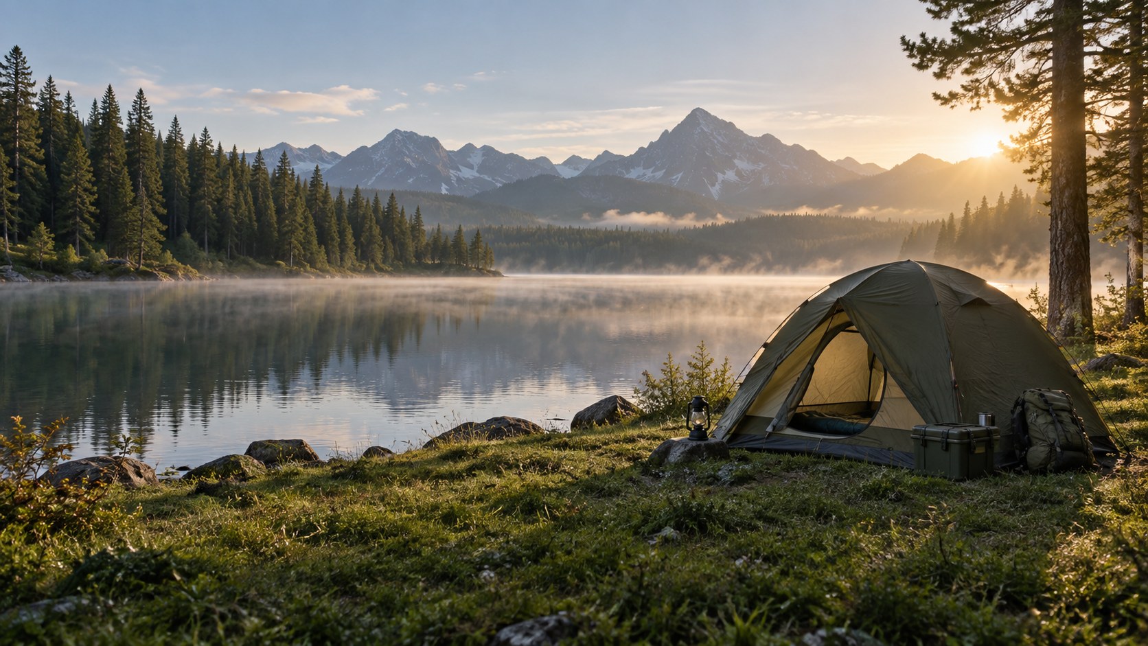 A green tent beside a still mountain lake at sunrise