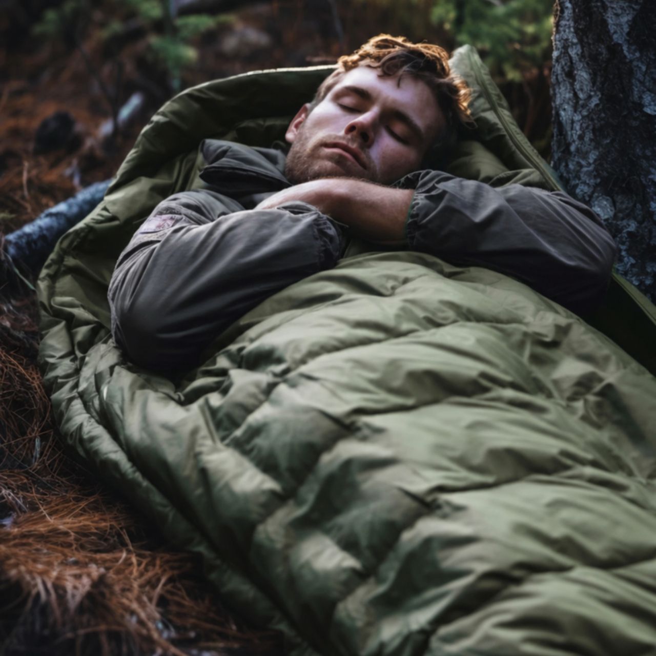 Green and orange sleeping bags inside an open camping tent